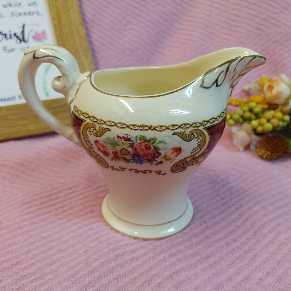 Vintage Creamer Myott Staffordshire England Maroon Flower Bouquet